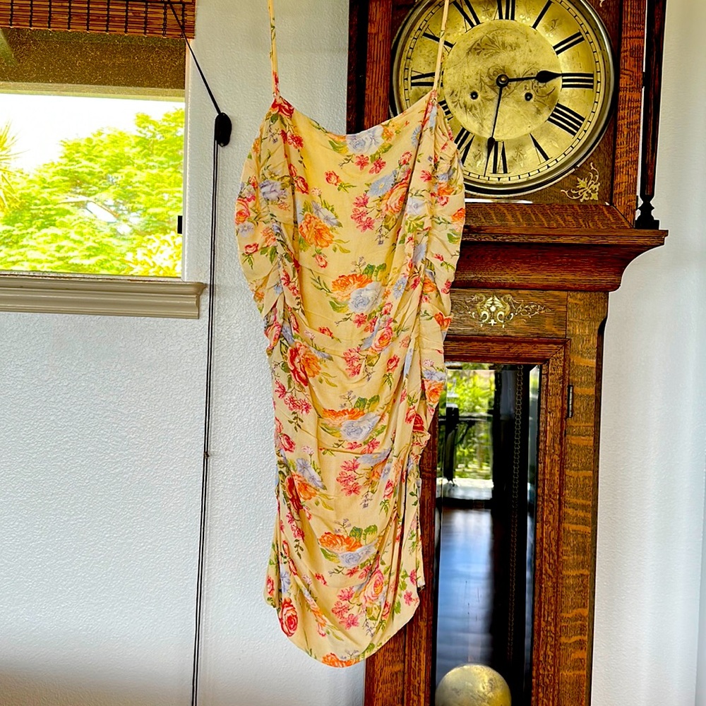 Yellow floral ruched mini dress
